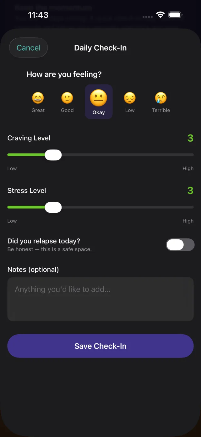 Daily check-in with mood, craving level, and stress level sliders.