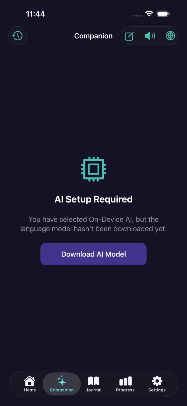 On-device AI companion screen, with the language model running entirely on the phone.