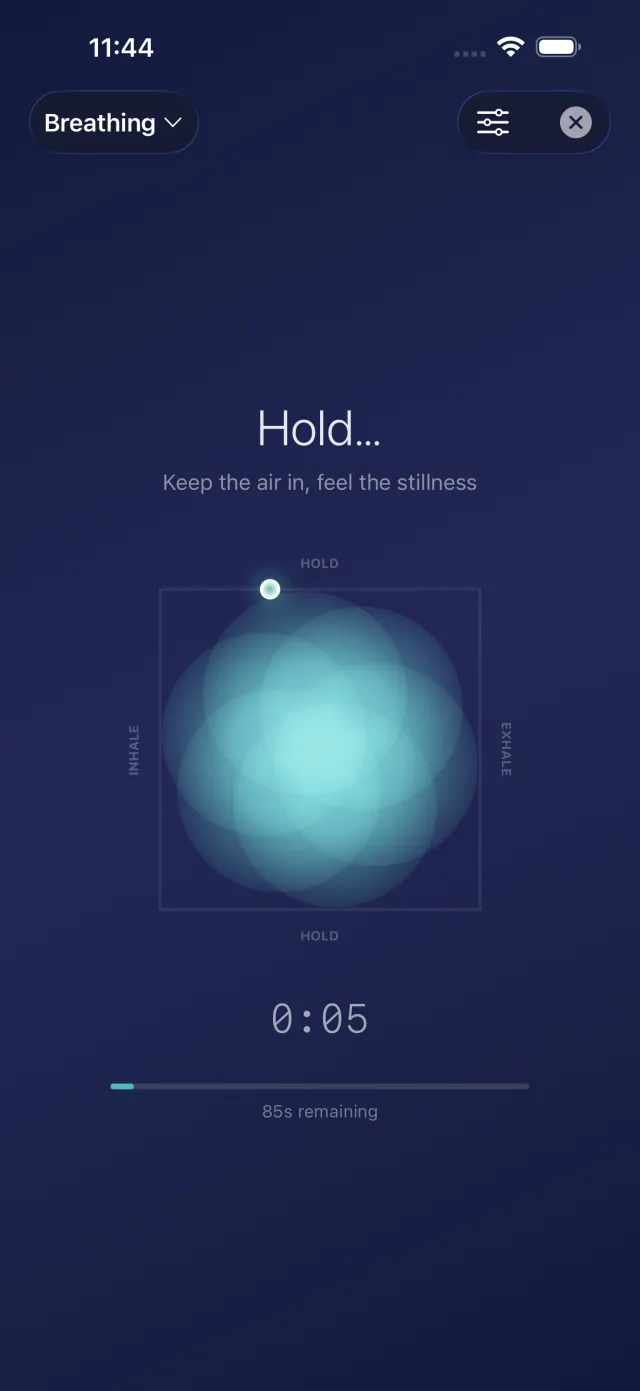 Emergency SOS guided breathing exercise with a calming animation and timer.