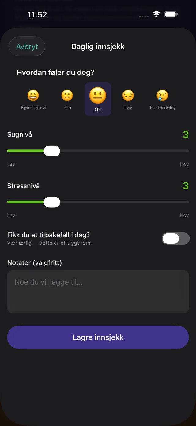 Daglig sjekk-inn med humør, sugnivå og stressnivå.